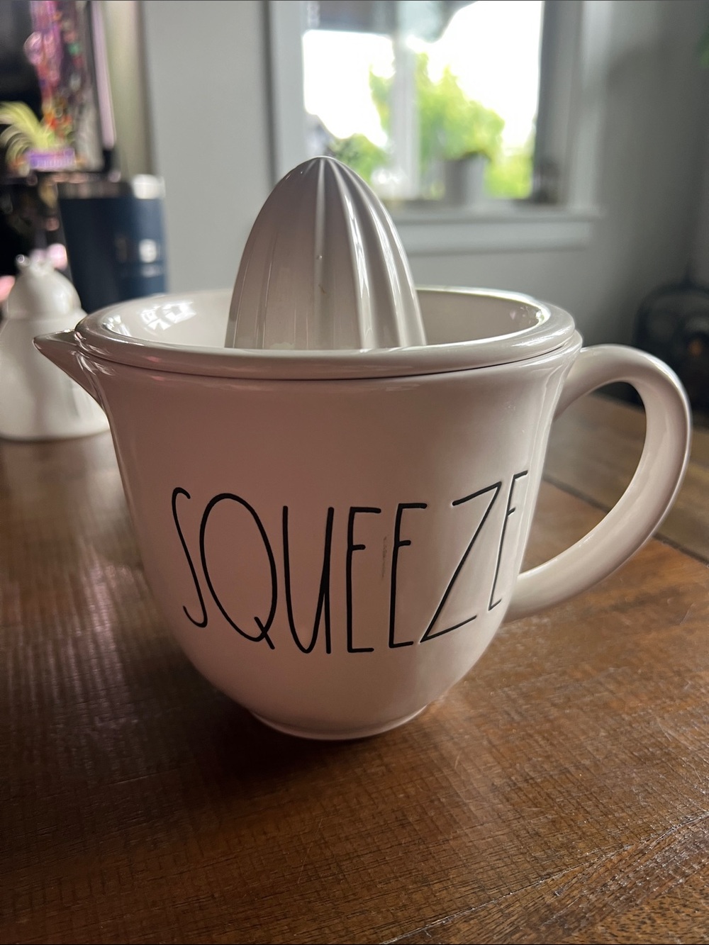 Rae Dunn White Ceramic Juicer Pitcher with SQUEEZE Lettering